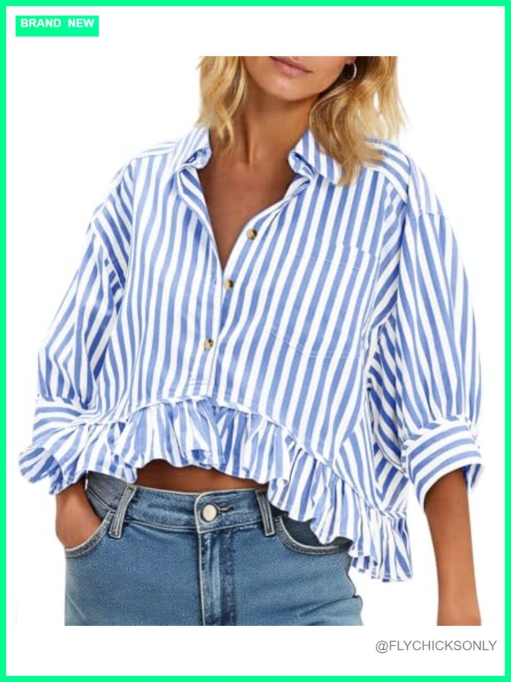Womens Cropped Striped Button Down Shirt Ruffle 3/4 Sleeve Blouse Work Top